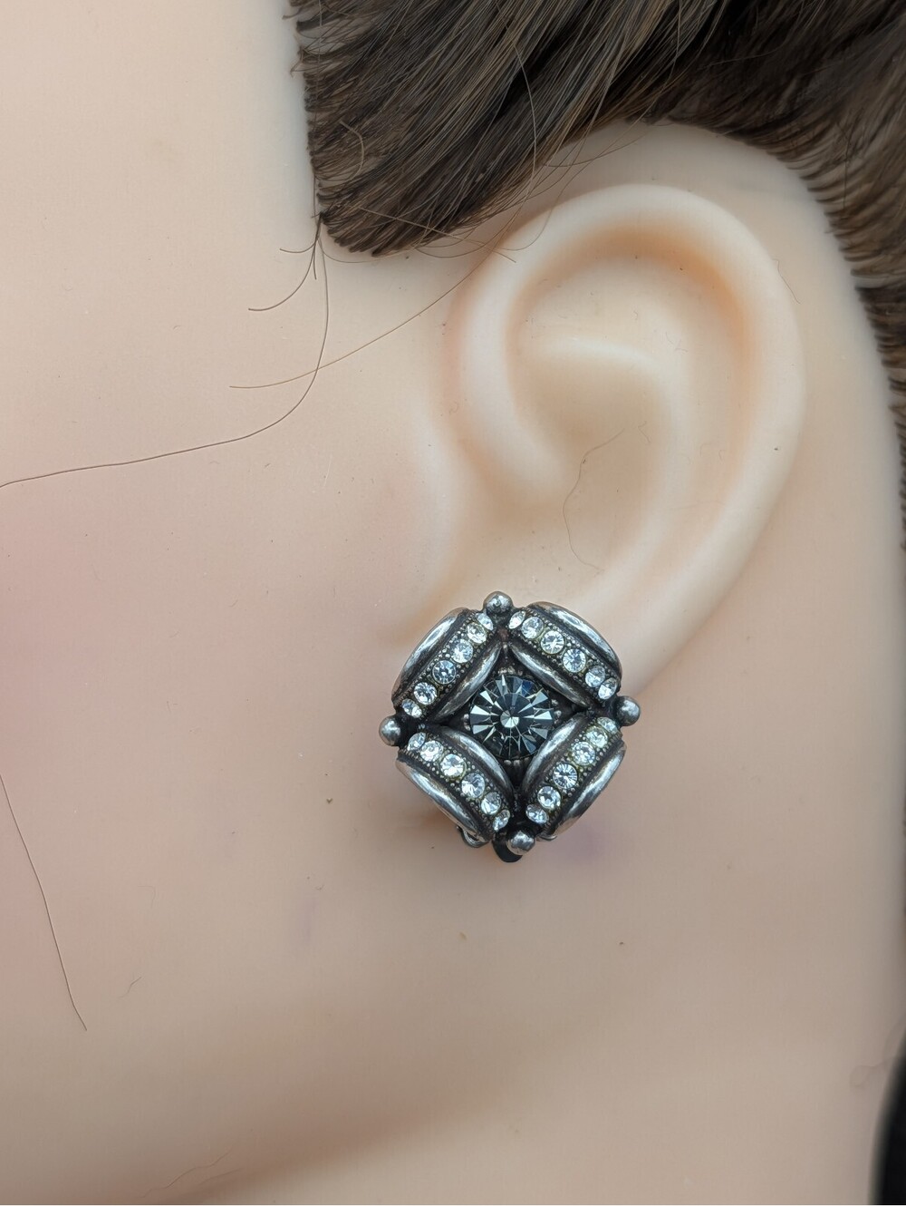 Vintage Sorrelli Smoky Quartz Grey Rhinestone ClipOn Earrings Antique Silver Ton